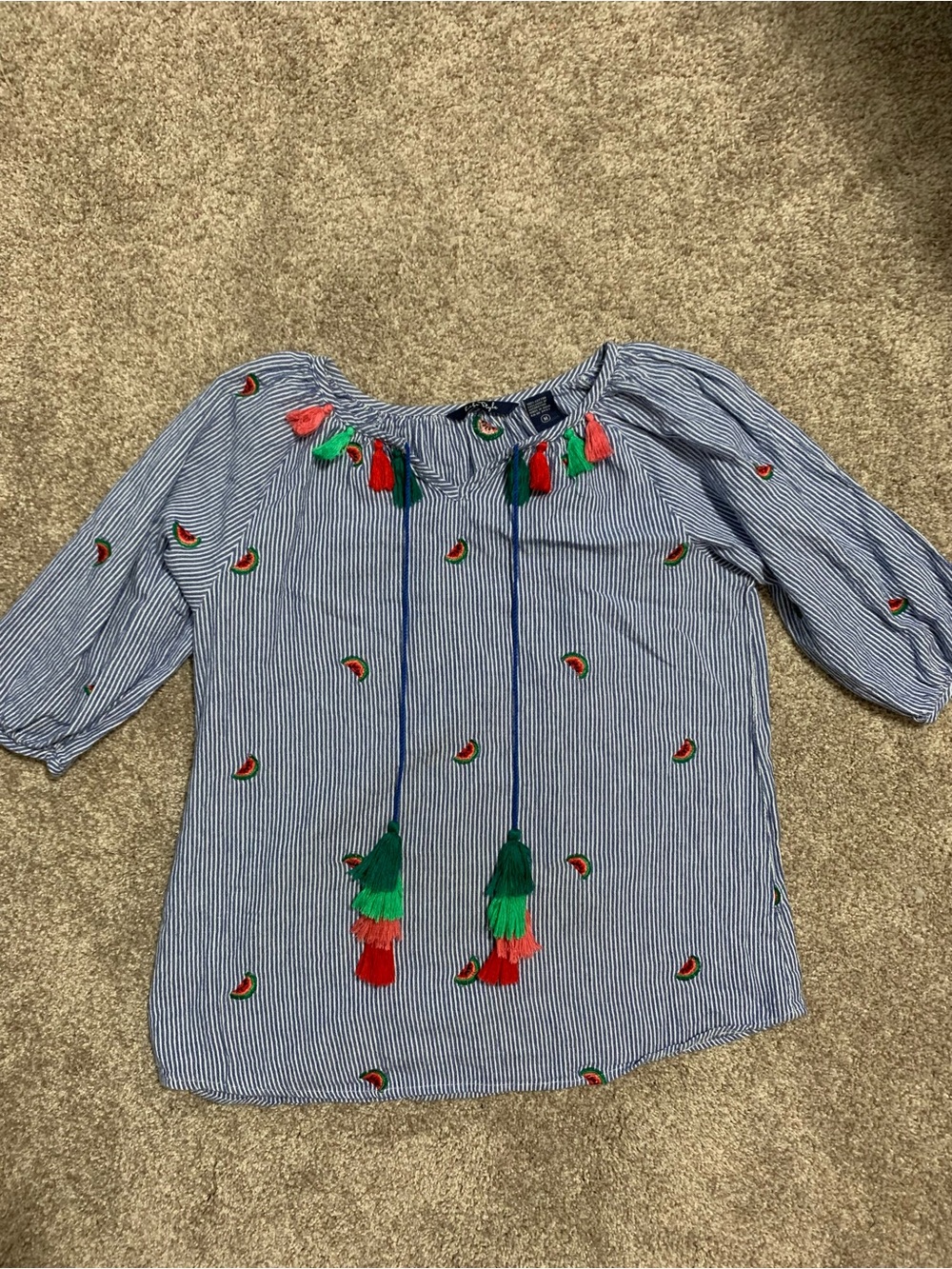 Life Style Embroidered Watermelon Tassels Blue White Stripe Picnic Blouse Medium